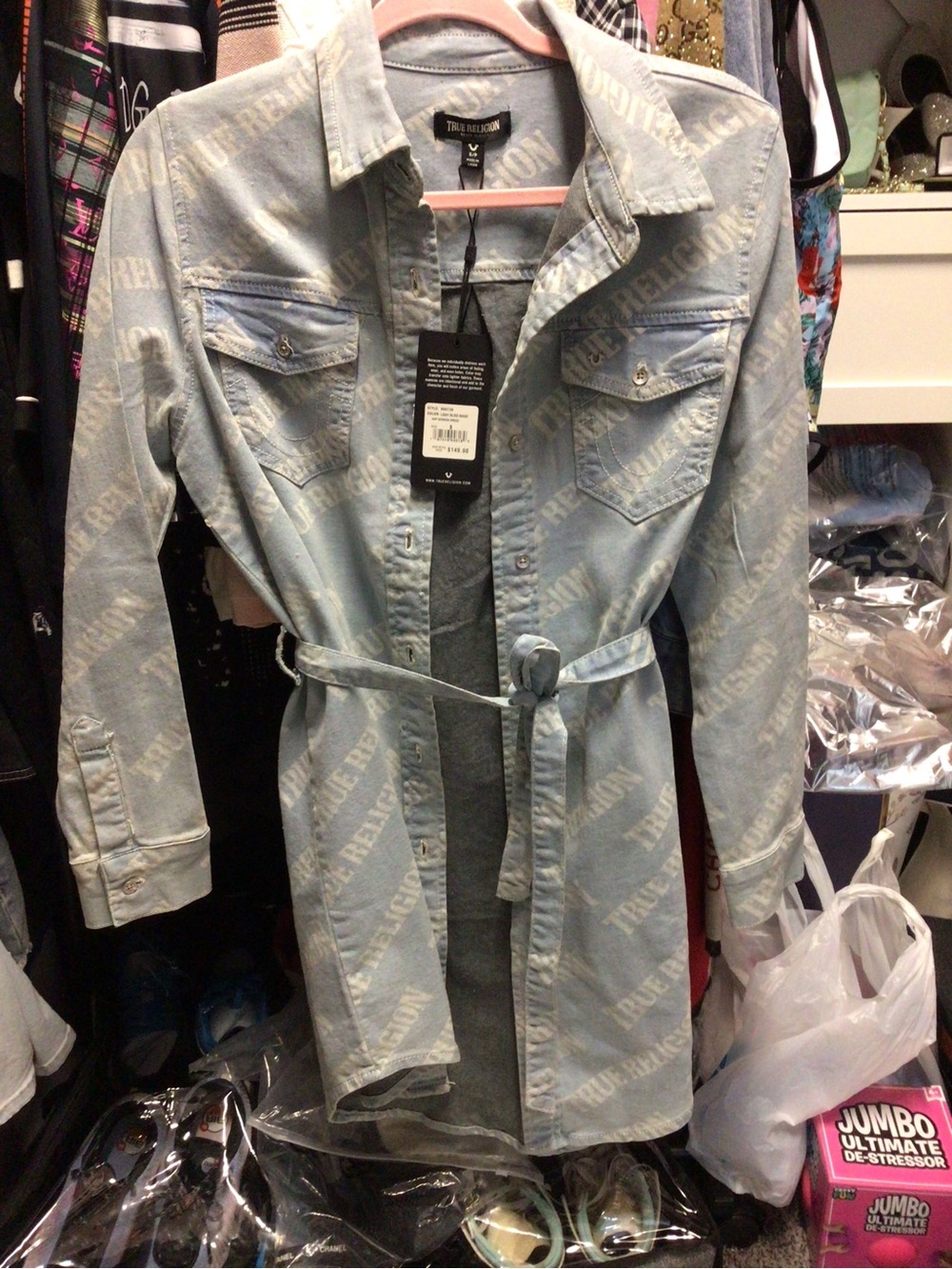 True Religion Light Blue Logo-Print Denim Shirt Jacket with Waist Tie
